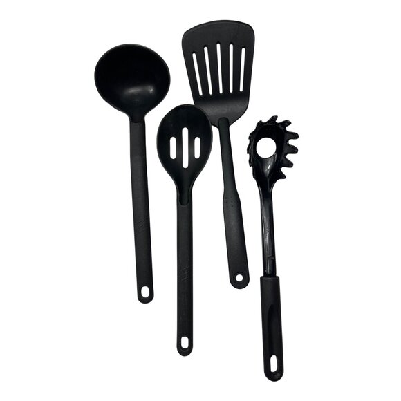 Set Of 4 Black Plastic Cooking Utensils: Ladle Slotted Spoon Spatula/Pasta Serve - Picture 1 of 3